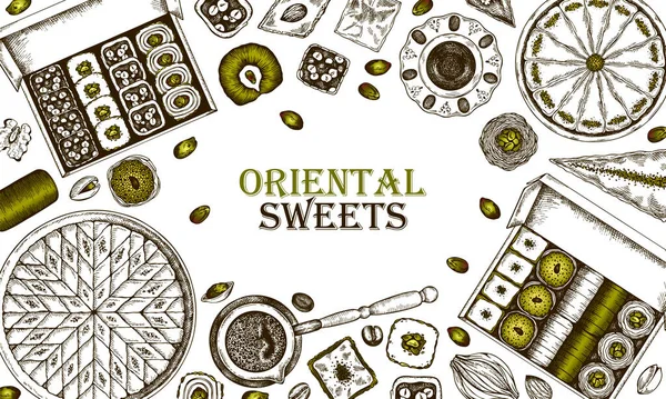 Skiss Rita Affisch Pistasch Oriental Sweets Isolerad Vit Bakgrund Graverad — Stock vektor