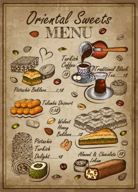 Oriental Sweets menüsünü çiz. Ana hatlarıyla Türk kahvesi, siyah çay, şam fıstıklı baklava, badem, çikolatalı Türk lokumu, fırında tatlı, bal tulumba. Arap yemeği ve içeceği. Vektör illüstrasyonu.
