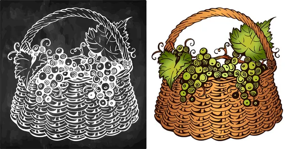 Skica Kreslení Logo Hroznů Listí Košíku Izolované Tabuli Line Art — Stockový vektor