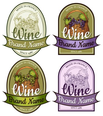Sepette mavi ve yeşil üzümlü şarap rozetleri çizen çizim. Beyaz arka planda izole edilmiş vintage asma etiketi. Oymalı alkol içeceği logoti. Retro üzüm etiketi. Vektör illüstrasyonu.