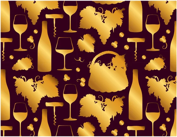 Gouden Patroon Met Het Tekenen Van Wijn Fles Druiven Mand — Stockvector