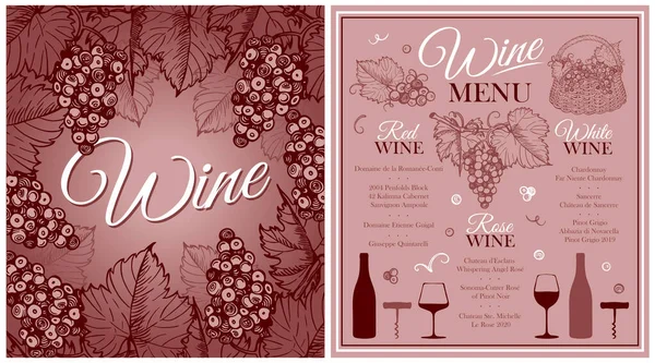 Tekening Wijnkaart Poster Met Druiven Champagnefles Drinkglas Geïsoleerd Roze Achtergrond — Stockvector