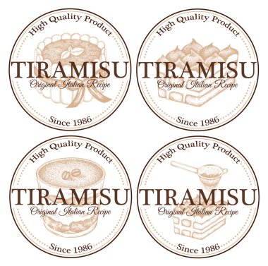 Beyaz arkaplanda izole edilmiş tiramisu kekinin logo çizimi. Kakao, mascarpone, kakao ve kadın parmaklı İtalyan kahveli tatlı. Klasik çikolatalı tatlı etiketi. Vektör illüstrasyonu