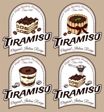 Beyaz arkaplanda izole edilmiş tiramisu kekinin logo çizimi. Kahve çekirdekleri, kakao, mascarpone ve kadın parmaklarıyla işlenmiş İtalyan tatlıları. Tatlı çikolata etiketi. Retro vektör illüstrasyonu.