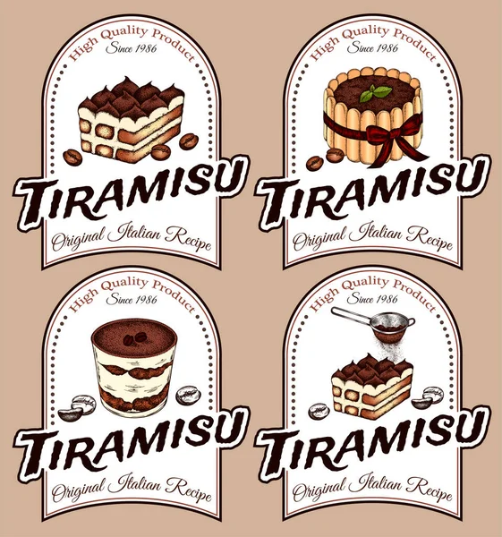 Skizze Zeichnung Logo Set Von Tiramisu Kuchen Isoliert Auf Weißem — Stockvektor