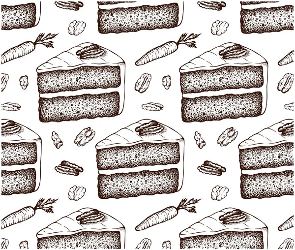 Beyaz arka planda izole edilmiş havuçlu kekin çizim kalıbı. Havuç duvar kağıdıyla el yapımı tatlı. Krem şanti, ceviz, fındık. Çizgili sanat yemeği. Vektör illüstrasyonu.