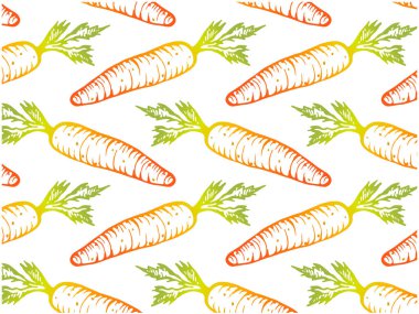 Sketch drawing pattern of orange carrot isolated on white background. Hand drawn realistic carrot vegetable wallpaper. Engraved organic food packaging. Healthy, fruit, cooking. Vector illustration.