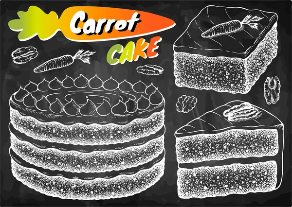 黒板にはキャロットケーキのチョークが描かれている ニンジンと焼き菓子のデザートを描く ホイップクリーム ピーカンナッツマスカルポーネチーズ クルミ 黒板にラインアートフード ベクターイラスト — ストックベクタ