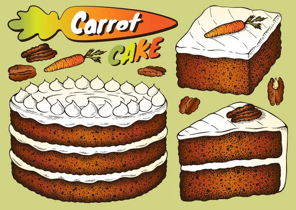 Szkic Zestaw Kolorowe Ciasto Marchewkowe Bitą Śmietaną Ręcznie Rysowane Pieczone — Wektor stockowy