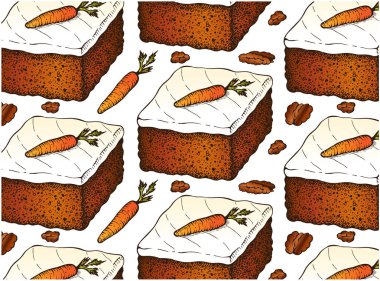 Sketch drawing pattern of Carrot cake isolated on white background. Hand drawn baked sweet orange dessert wallpaper. Whipped cream, walnut, pecan nuts, walnut. Line art food. Vector illustration.