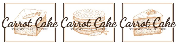 Sketch Drawing Carrot Cake Logo Pecan Nuts Isolated White Background — Stok Vektör