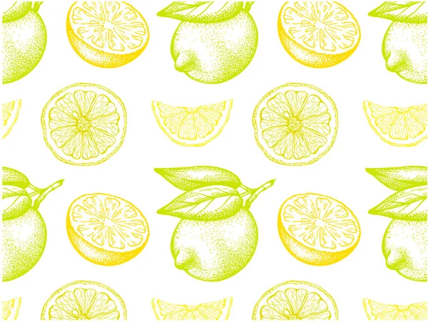 Sketch Hand Drawn Pattern Yellow Lemon Green Leaves Isolated White — Vetor de Stock