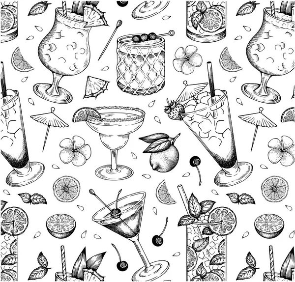 Tekening Tekening Patroon Van Summer Alcoholische Cocktails Geïsoleerd Witte Achtergrond — Stockvector