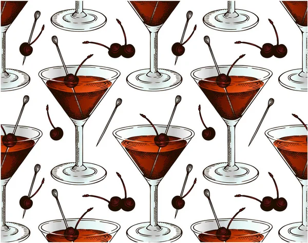 Sketch Hand Drawn Pattern Manhattan Cocktail Glass Brandied Cherry Isolated — Stockvector