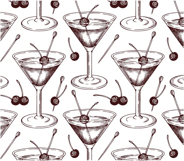 Sketch Hand Drawn Pattern Manhattan Cocktail Glass Brandied Cherry Isolated — Stockvector