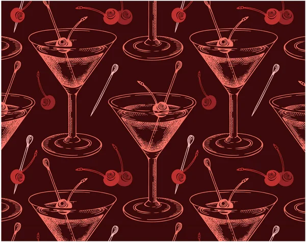 Sketch Hand Drawn Pattern Manhattan Cocktail Glass Brandied Cherry Isolated — Stockvector