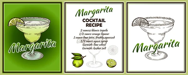 Sketch Drawing Card Margarita Cocktail Glass Slice Lime Isolated Green — Stock Vector