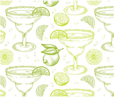 Beyaz arka planda izole edilmiş yeşil kireç dilimli Margarita kokteylinin el çizimi modeli. Alkollü içecek duvar kâğıdı çiziyorum. Yaz barı menüsü, limon suyu. Vektör illüstrasyonu.