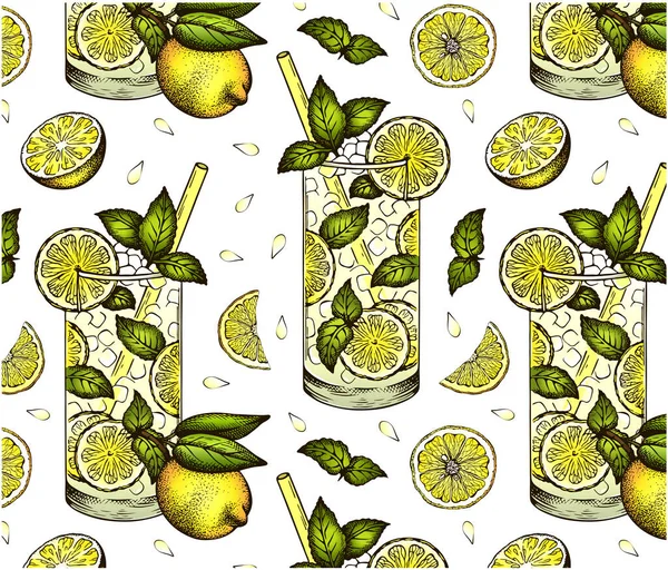Tekening Patroon Van Mojito Cocktail Glas Met Gele Citroen Groene — Stockvector