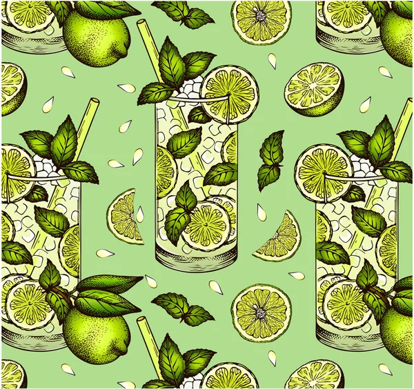 Tekening Patroon Van Mojito Cocktail Glas Met Verse Limoen Munt — Stockvector