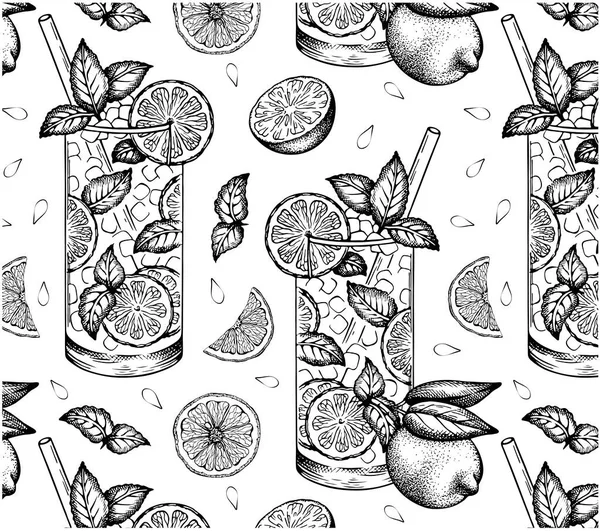 Sketch Drawing Pattern Mojito Cocktail Glass Lime Lemon Mint Leaf — Vetor de Stock