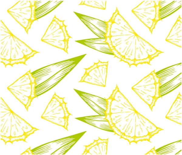 Desenhe Padrão Tropical Desenhado Mão Com Abacaxi Amarelo Fatiado Folhas — Vetor de Stock