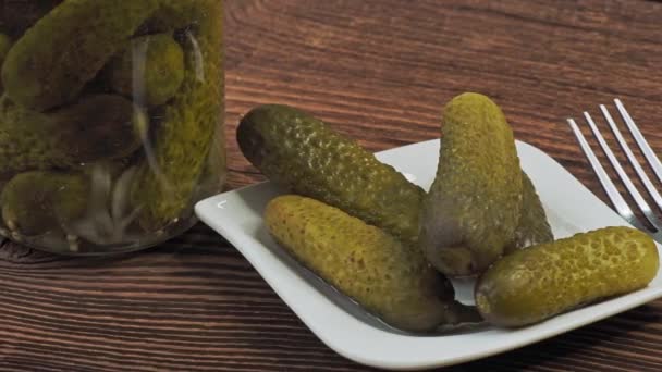 Pickled Cucumbers Bowl Wooden Rustic Table Jar Pickles — Αρχείο Βίντεο