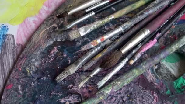 Used Brushes Artist Palette Colorful Oil Paint — Stock Video