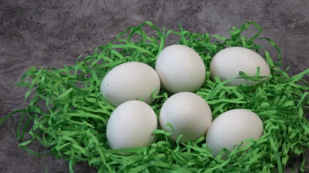 Ovos Galinha Branca Ecológica Tiras Papel Desfiado Vista Superior — Vídeo de Stock