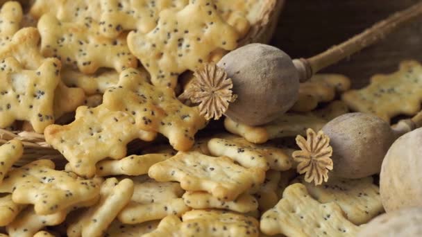 Baked Party Poppy Seed Crackers Dry Poppy Heads Salty Snacks — Stock Video