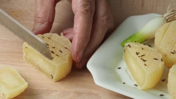 Hands Cutting Traditional Czech Cheese Stinky Cheese Aromatic Delicacy Dairy — Stock Video