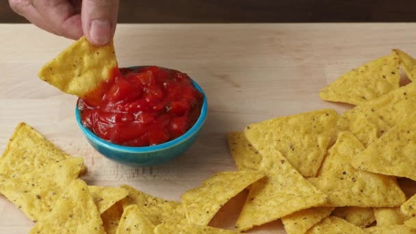 Tortilla Chips Spicy Tomato Salsa — Stock Video