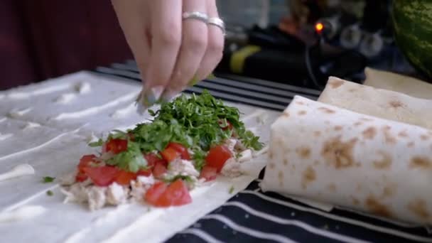 Μαγείρεμα Shawarma κρέας σε Lavash σε Υπαίθρια στο Δάσος. 4K. Κλείσε. — Αρχείο Βίντεο