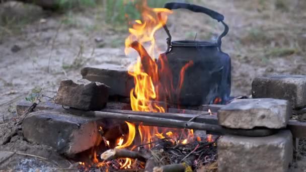 Старий копчений чорний чайник гріється над лісовим полум "ям. Зачиніть. — стокове відео