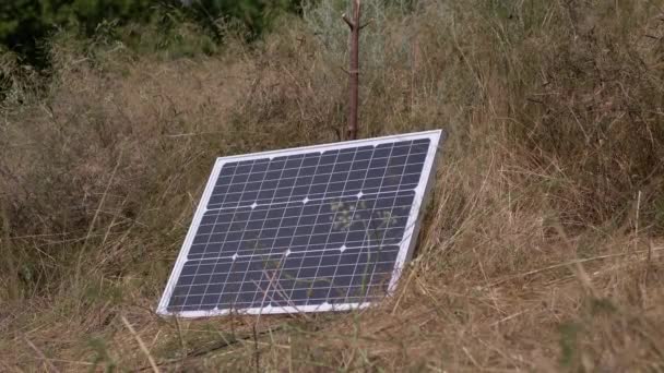 En bärbar liten solcellspanel installerad i gräset. 4K — Stockvideo