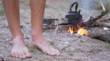 Kahverengi Karınca Kolonisi İnsan Çıplak Bacakları Çimlerde Sürünüyor. 4K.