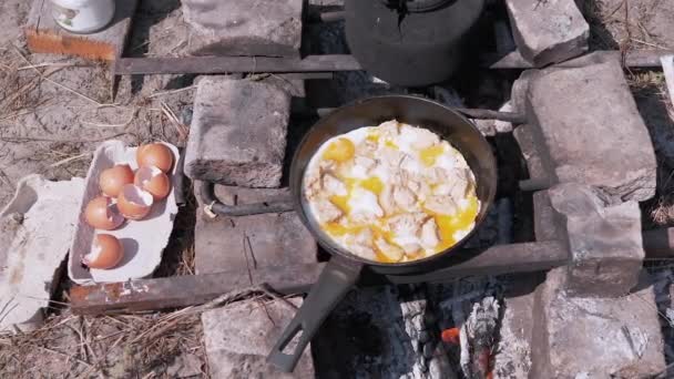 Zubereitung von Rührei in einer Pfanne am Lagerfeuer. Zoom — Stockvideo