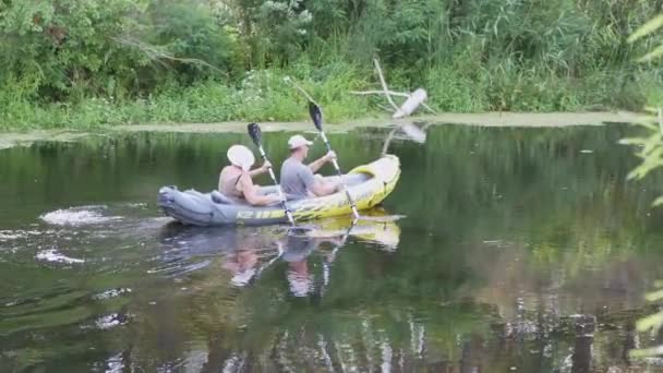 Team Roning af Turister, Pensionister, Kajak på en rolig flod på en solrig dag. Forstør – Stock-video