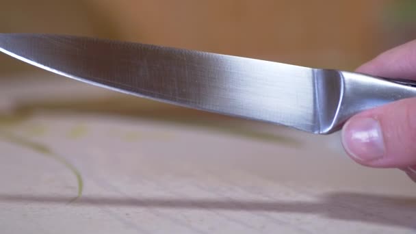 Una mano de mujer sostiene un cuchillo de cocina largo y afilado sobre la superficie de la mesa. Zoom: — Vídeo de stock