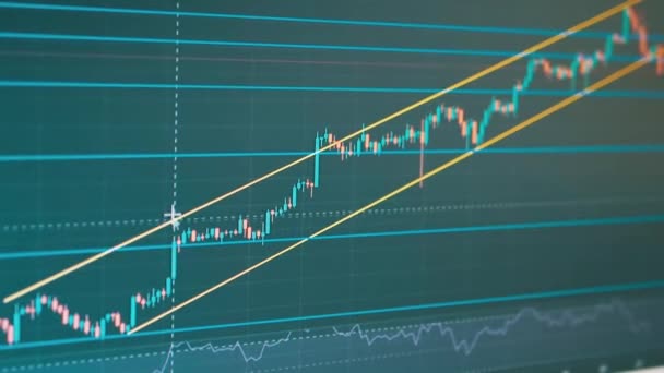 Grafico del candeliere di movimento della criptovaluta sullo schermo di un PC monitor. Zoom — Video Stock