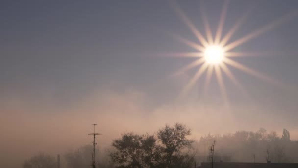 Яскраві промені сонця, що піднімаються над сплячим містом, проходять через туман — стокове відео
