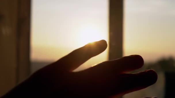 閉じた窓から昇る太陽のために女性の手が届く。4K 。閉じろ! — ストック動画