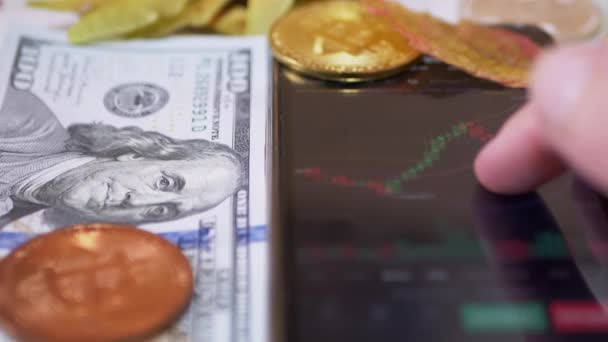 Kerzendiagramm Kryptowährung, Risikoanalyse von Aktienmaklern auf Mobile App. 4K — Stockvideo