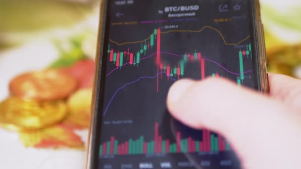 Gráfico de velas Criptomoeda, Análise de risco de corretores de bolsa no aplicativo móvel. 4K — Vídeo de Stock