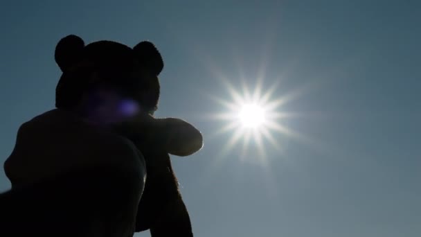 Un bambino con un peluche orsacchiotto in mano raggiunge la luce del sole, il sole, il cielo — Video Stock