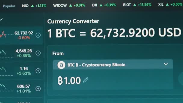 Graph Dynamics Price of Bitcoin in the App on Screen PC Monitor. Zoom. Close up — Stock Video