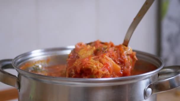 在家里的厨房里把丰富的，厚重的，红色的肉汤，甜菜放进锅里 — 图库视频影像