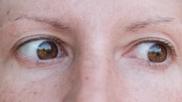 Komische vrouwelijke bruine ogen kijken naar de camera, draaien in verschillende richtingen — Stockvideo
