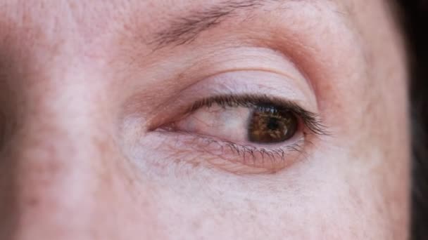 Ženské hnědé oči při pohledu na kameru, otáčení v různých směrech, detailní záběr. — Stock video