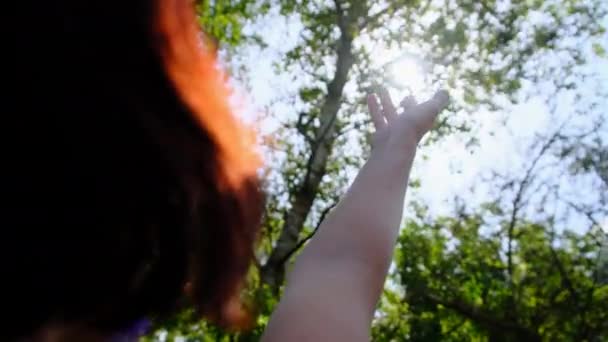 一个快乐女孩的手在日落时伸向阳光。靠近点慢动作 — 图库视频影像